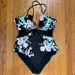 beachsissi Mesh waist adjustable strap pink blue floral black One Piece Swimwear